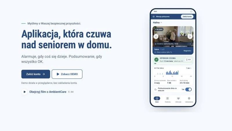 Strona AmbientCare z makietą aplikacji: podgląd pokoju, rytm dnia i podsumowanie dnia