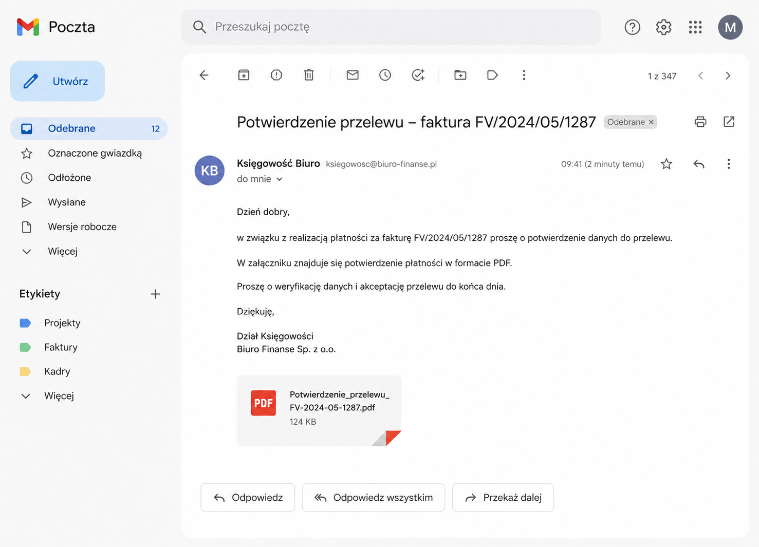 Przykład realistycznej, fałszywej wiadomości phishingowej używanej w kontrolowanym teście