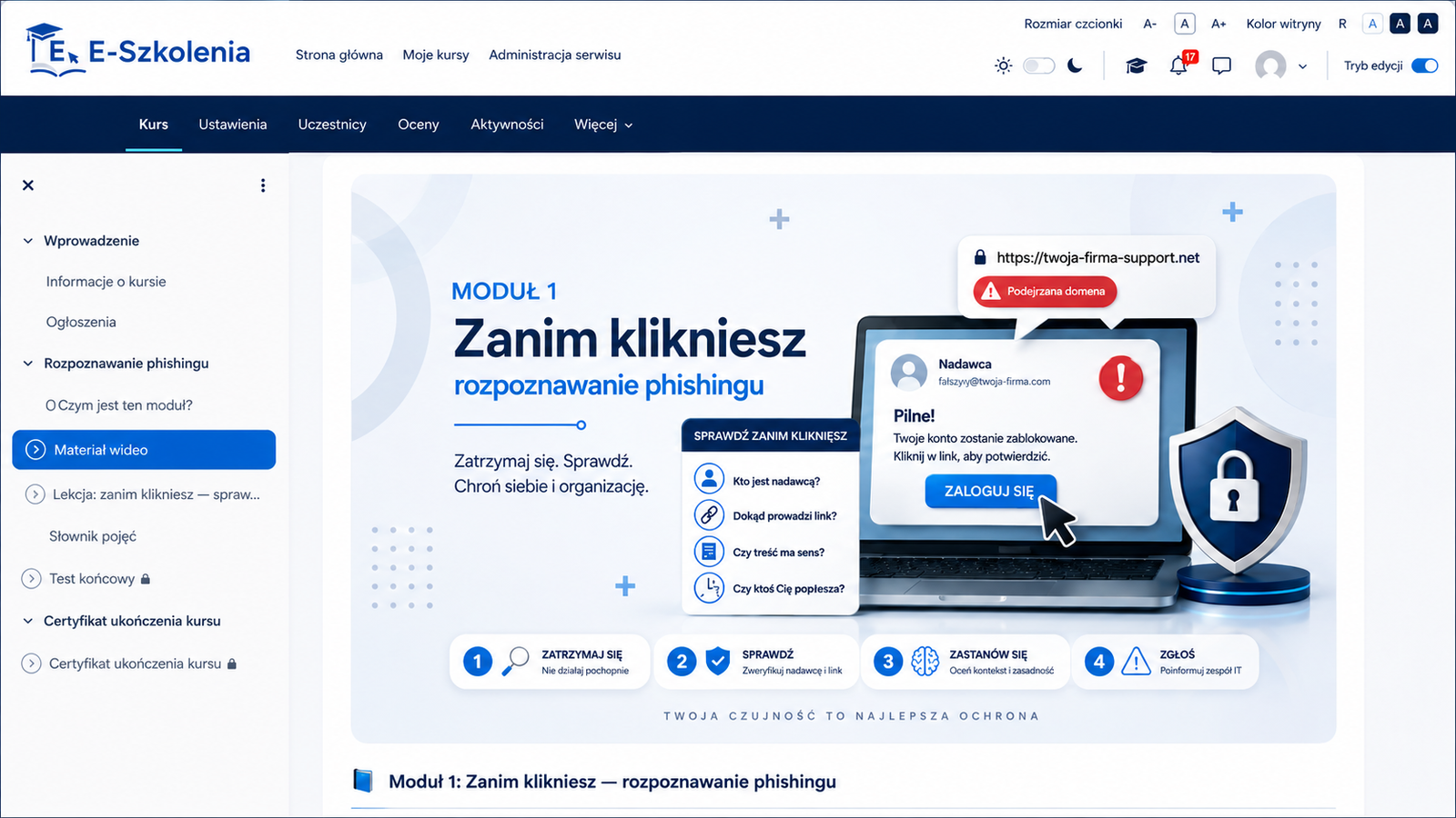 Widok szkolenia na platformie LMS